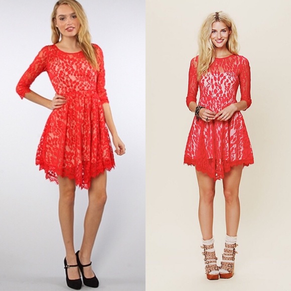 Free People Dresses & Skirts - Free People Red Lace 3/4 Sleeve Dress.